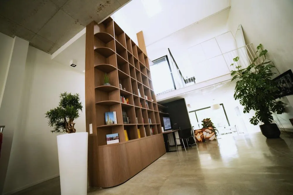 Oak bookcase, desk and atrium