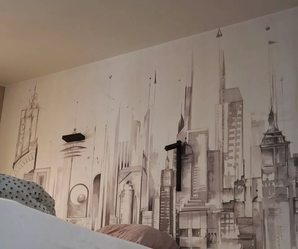 City mural on the sleeping mezzanine