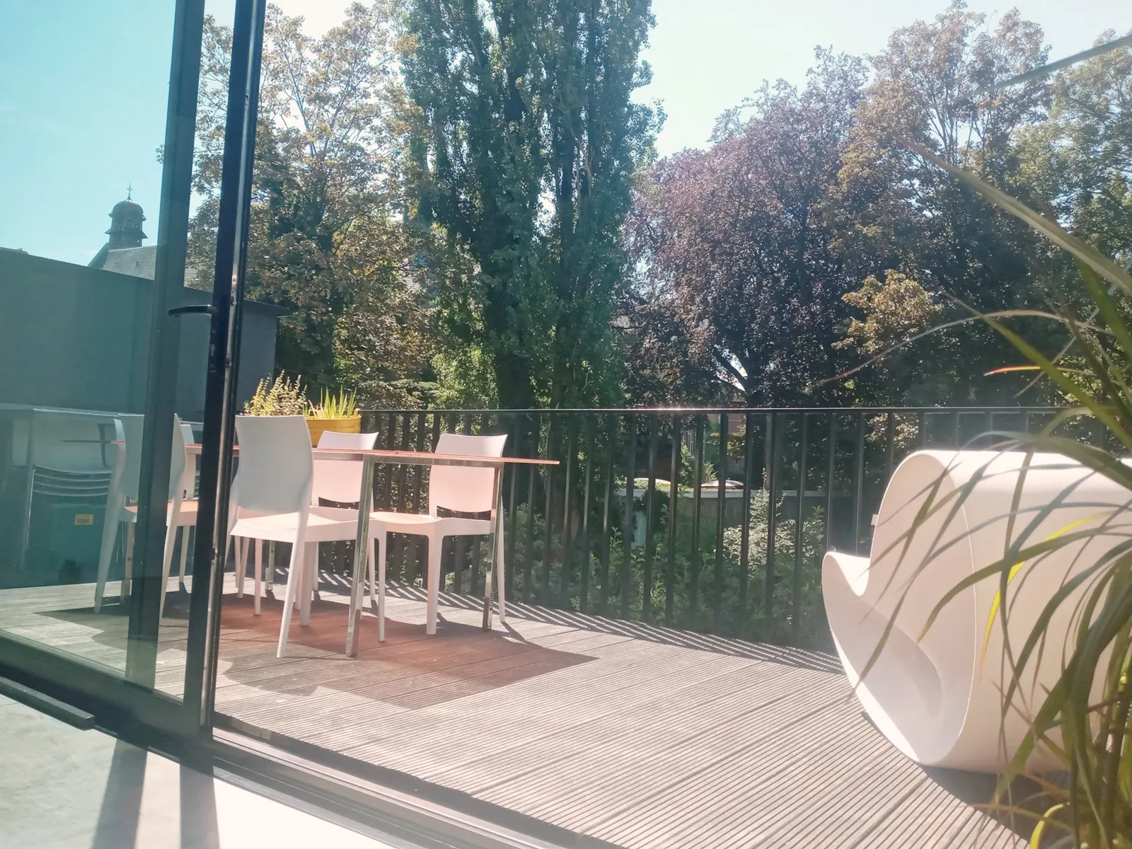 Kitchen terrace with table and chairs under tall trees